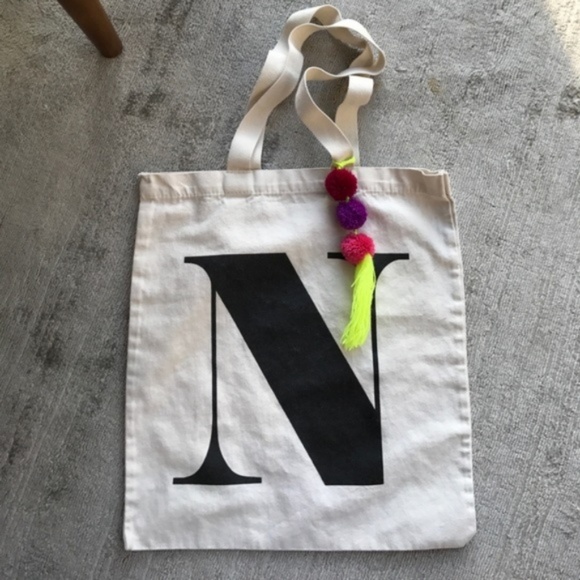 Initial N Canvas Tote with Tassel Pom Pom Costume - Picture 2 of 7